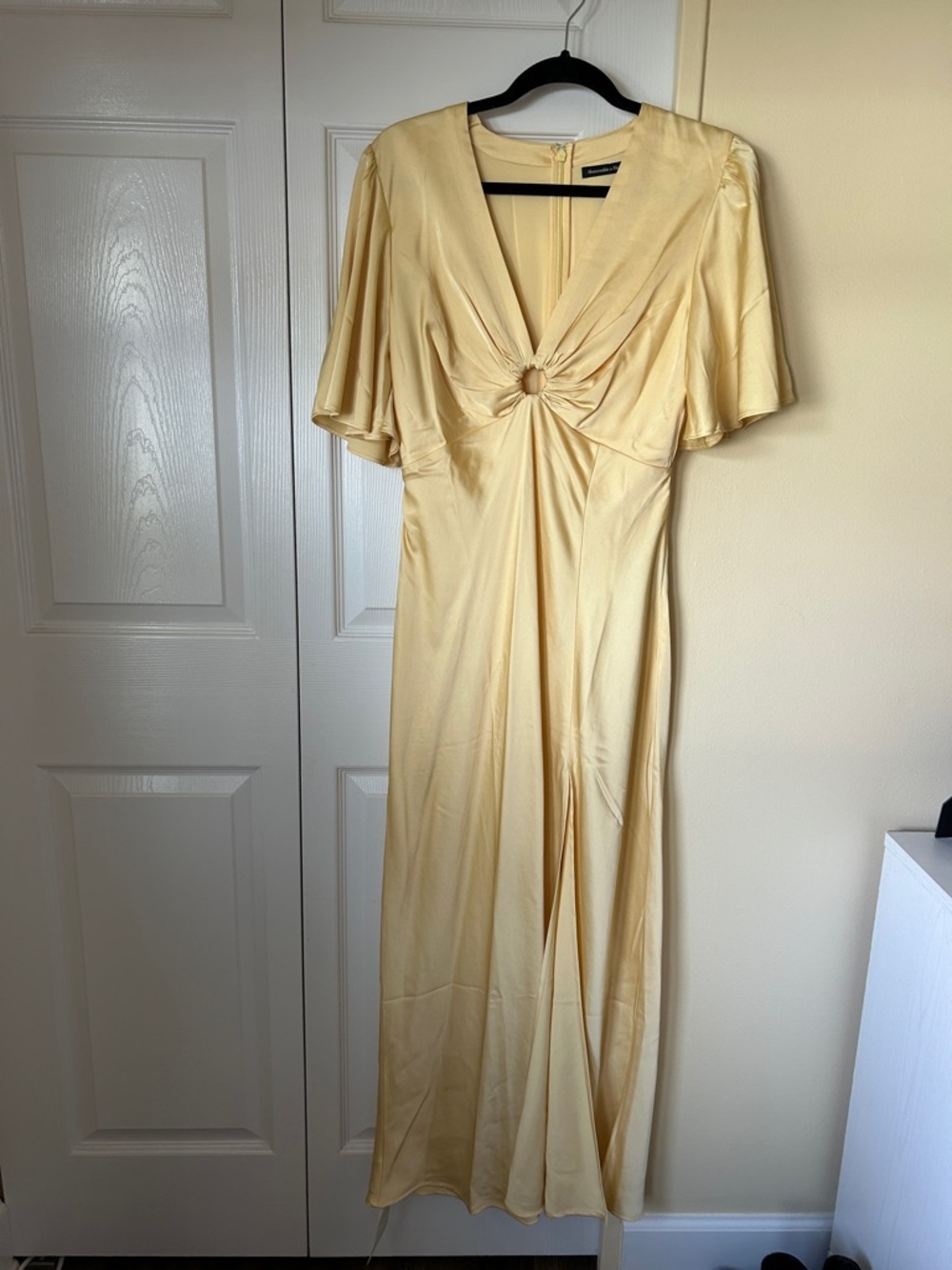 Abercrombie Yellow Satin Maxi Dress with Knot Front
